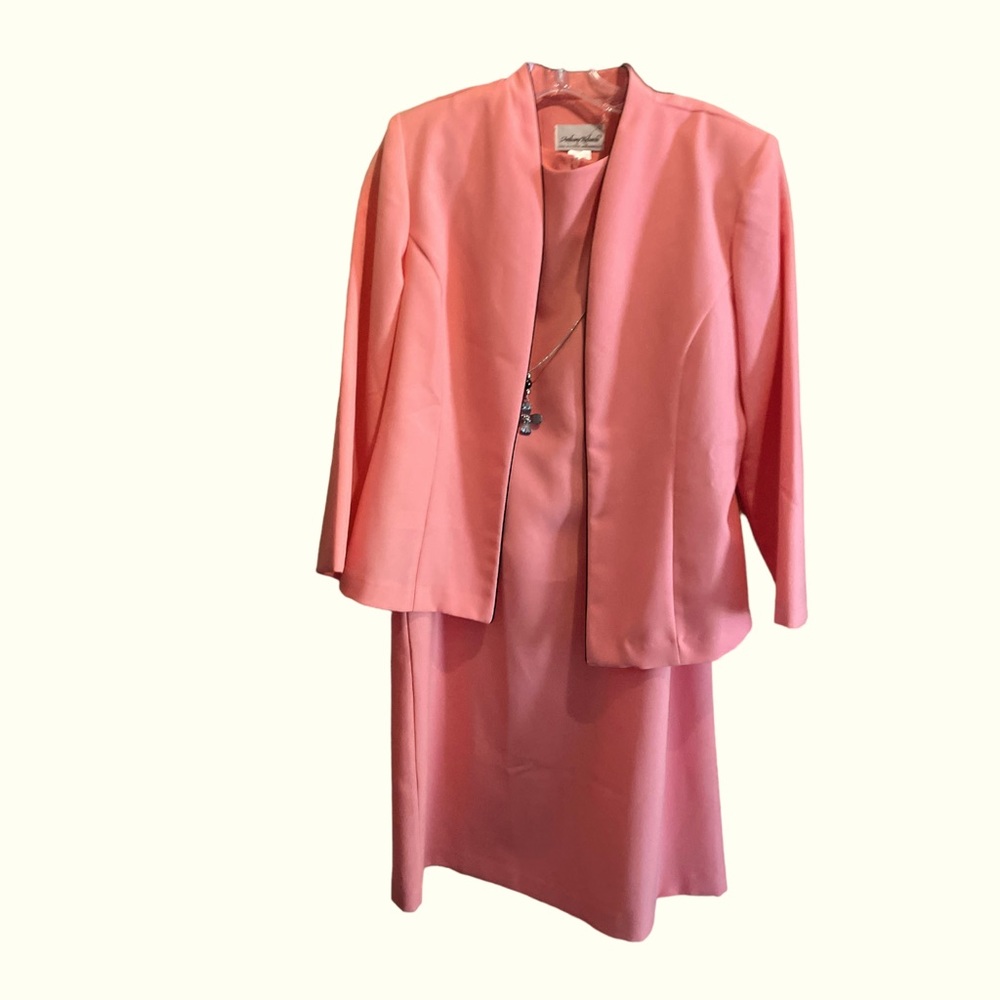 Anthony Richards 2 piece dress with blazer pink peach black trim sz 14 petite